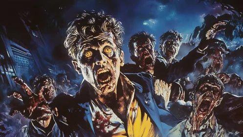 Terrifying zombie horde lunges forward in electric moonlight.