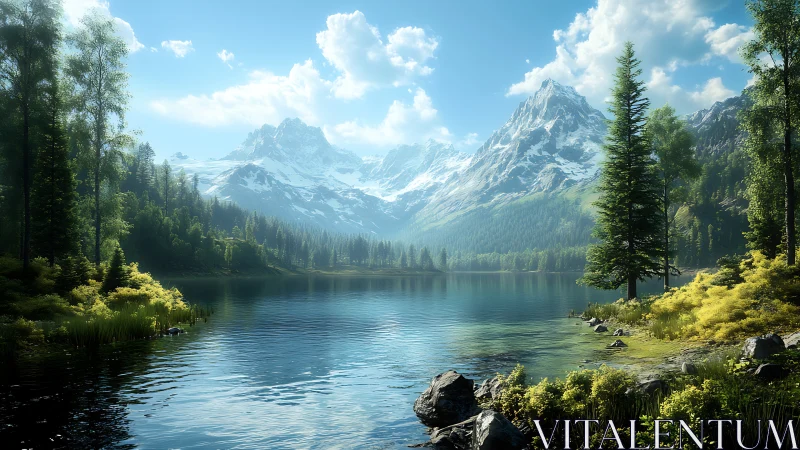 Mountain lake with conifer forest and distant snowy peaks.