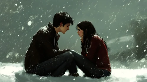 Two Figures Embrace in Snowfall: Digital Narrative of Connection.