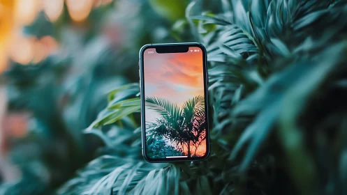 Smartphone displaying tropical sunset amid verdant foliage.