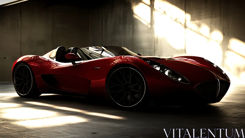 Red modern sports car parked in moody industrial light.