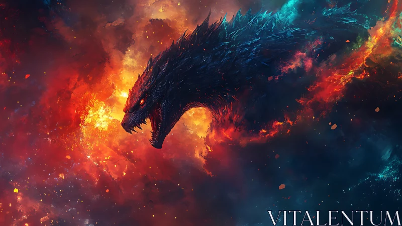 Cosmic Fire Dragon Profile in Neon Nebula Digital Painting.