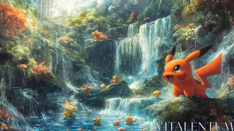 Sparkbright Pikachu valley splashing beneath lost ruins.