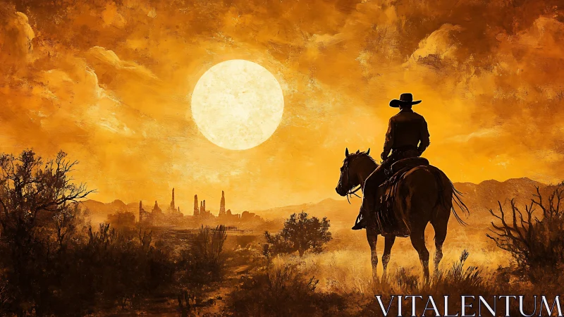 Cowboy on horseback surveys desert city at oversized sunset