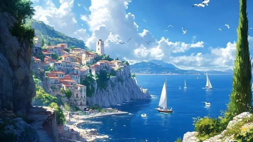 Mediterranean cliff village overlooks bright cobalt bay.