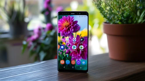 Samsung smartphone displaying vibrant dahlia wallpaper with home screen apps.