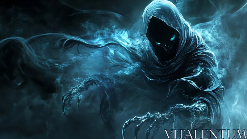 Spectral wraith emerges from swirling cyan ectoplasmic smoke