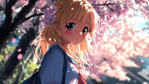Blonde student figure under cherry blossoms in bloom.