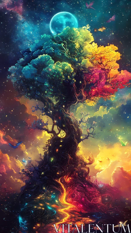 Cosmic rainbow world tree ascending through luminous nebulae.
