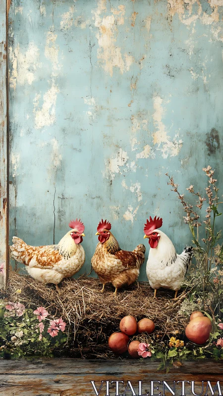 Three Roosters Against Distressed Turquoise Wall Background.