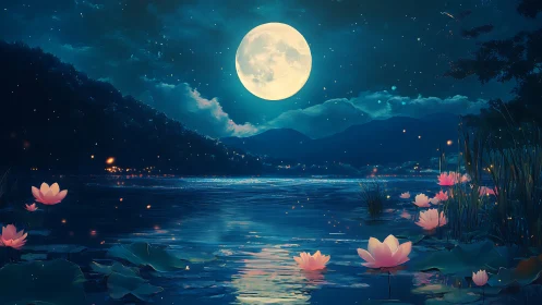 Moonlit lotus lake glimmering with soft night magic.