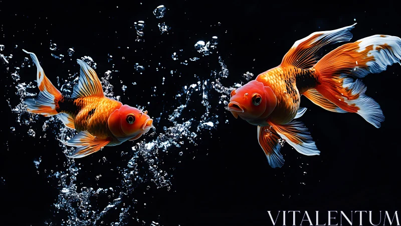Vibrant goldfish duo suspended in dramatic dark water.