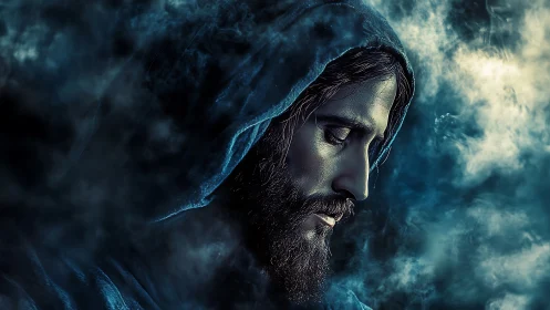 Quiet hooded figure resting within swirling blue haze.