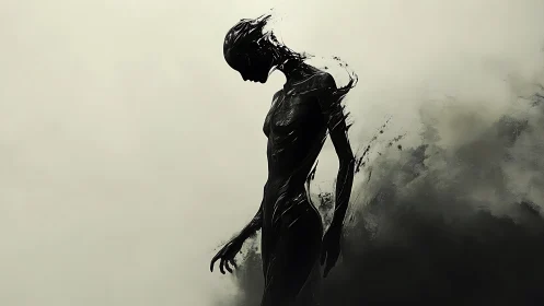 Shadowed humanoid silhouette dissolving into abstract smoke.