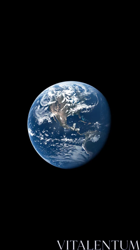 Earth from deep space shows illuminated blue marble hemisphere.