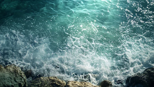 Sunlit turquoise waves crash hard against rugged coast.