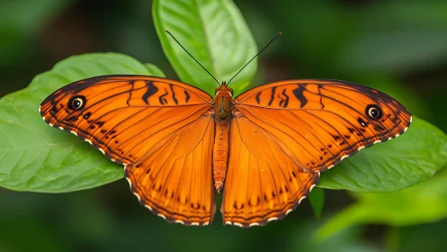Orange butterfly spreads patterned wings on green leaves.