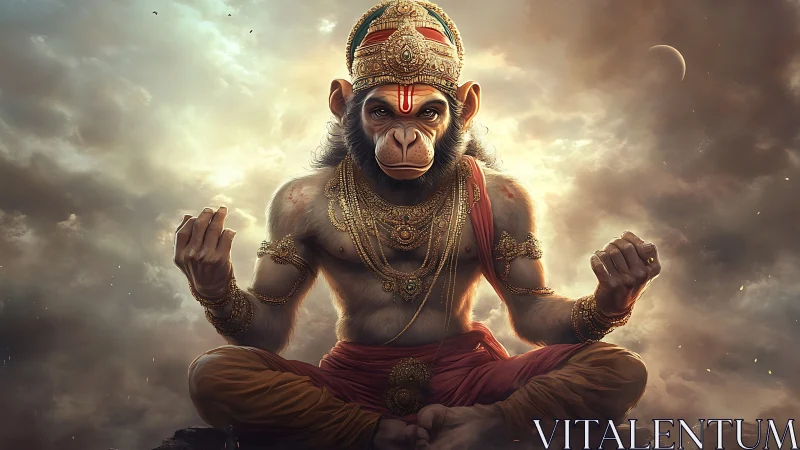 Stormlit simian deity in golden armor holding fierce calm.