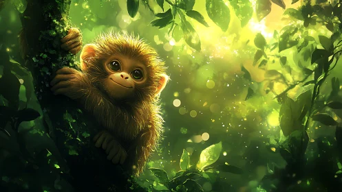 Golden-lit baby monkey rendered in lush forest bokeh.