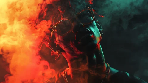 Portrait in red and teal smoke with reflective glasses.