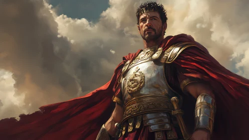 Roman general in ornate armor under dramatic sky.