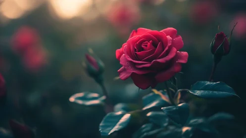 Deep Red Rose with Dewdrops in Soft Garden Light