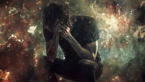 Photorealistic study of despair within burned texture field.