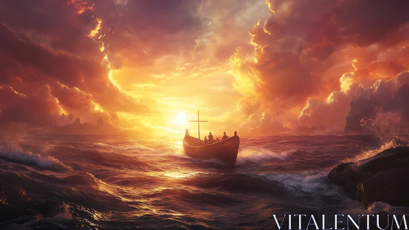 Sunlit boat cuts through stormlit crimson ocean waves.