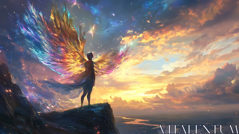 Celestial figure with prismatic wings over luminous horizon.