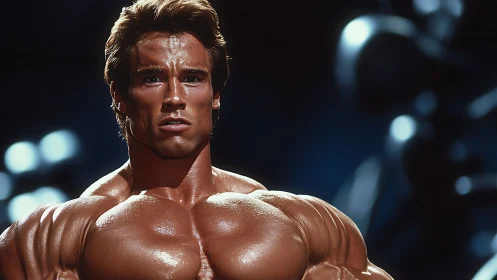 Bronzed colossus under stadium lights, carved in shadowed steel.