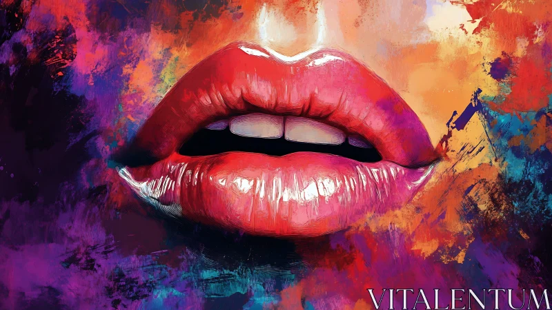 Vibrant glossy lips emerge from a storm of neon color splashes