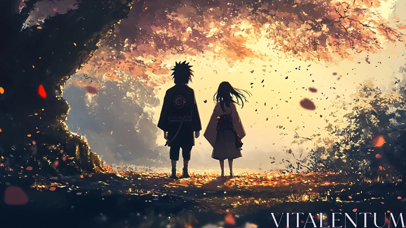 Backlit anime silhouettes beneath autumn canopy in warm haze