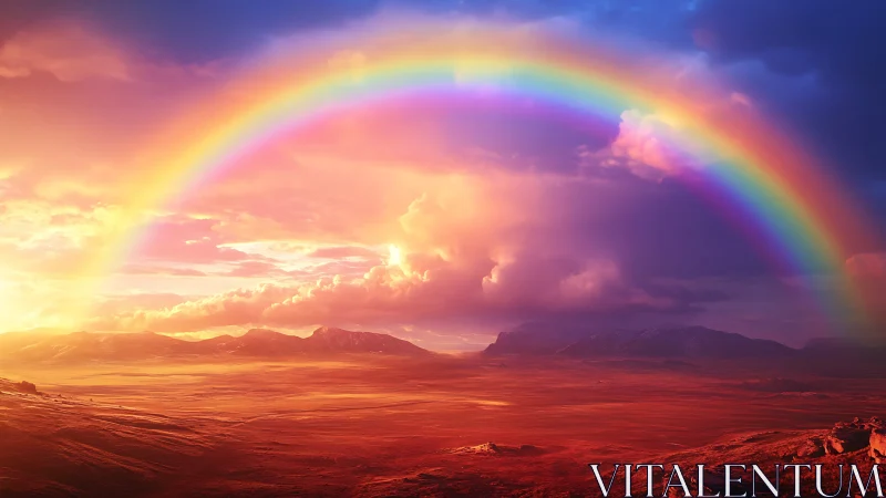 Spectral rainbow arc over sunlit desert plain with volumetric clouds