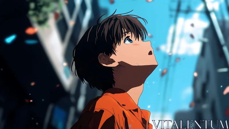 Boy in orange gazes skyward amid drifting petals in city.