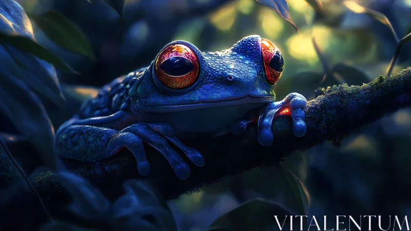 Moonlit tree frog rests on a glowing jungle branch
