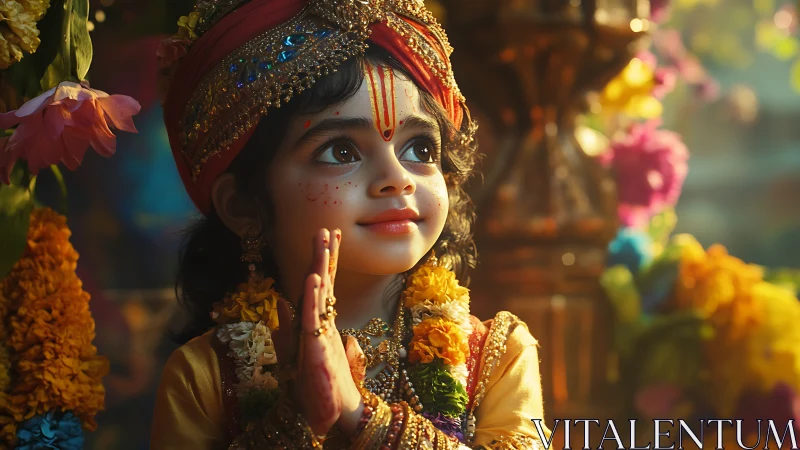 Devotional child in Krishna attire glows amid festive blossoms