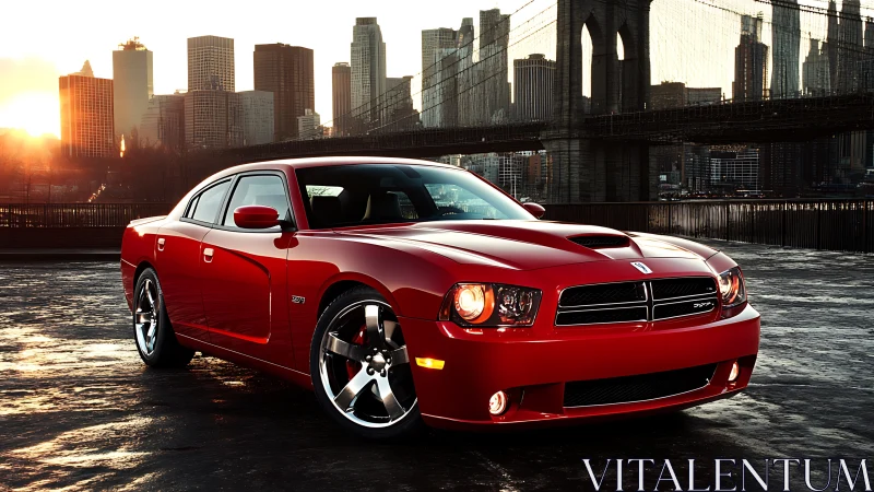 Red performance sedan is parked before urban bridge skyline