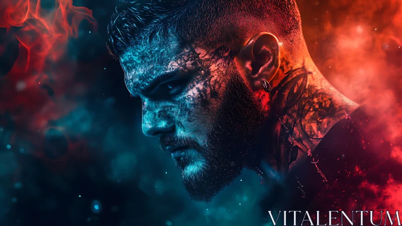 Dual-toned warrior profile immersed in fiery cosmic mist.