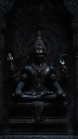 Sacred dark stone deity illuminated in subtle temple light.