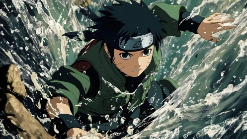 Dynamic anime warrior surging through stylized crashing waves.