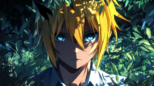 Blond anime youth framed by dense green foliage outdoors.
