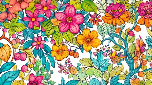 Vibrant Hand-Drawn Floral Pattern with Pink, Yellow, and Teal Botanical Elements.