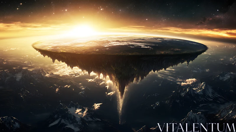 Floating flat world plate over sunlit mountain horizon.
