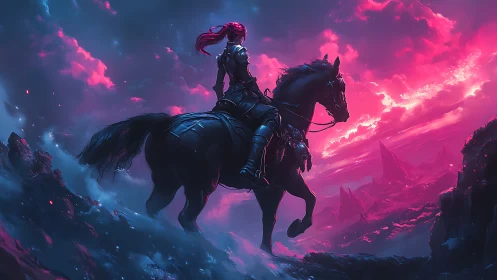 Armored rider surveys neon stormscape on black warhorse