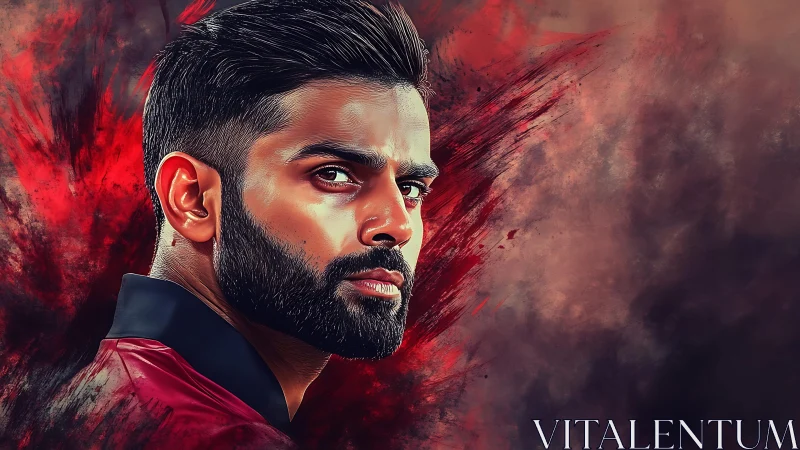 Storm-lit portrait of focused man against red haze backdrop.