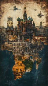 Architectural palimpsest of Europe overlaying cartographic Africa.