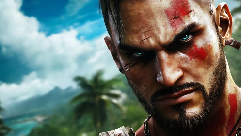 Battle-hardened warrior glares intensely against tropical coast