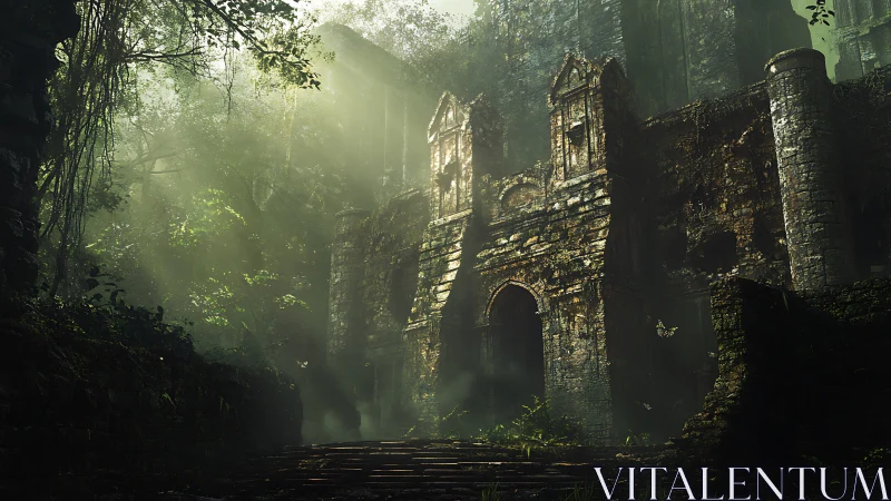 Sunlit jungle ruins inviting quiet, misty exploration.