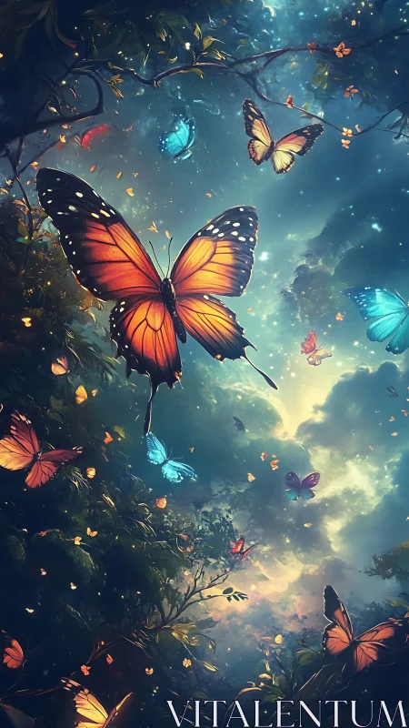 Enchanting forest butterflies drifting through twilight magic.
