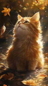 Fluffy Orange Cat Gazing at Golden Autumn Leaves.
